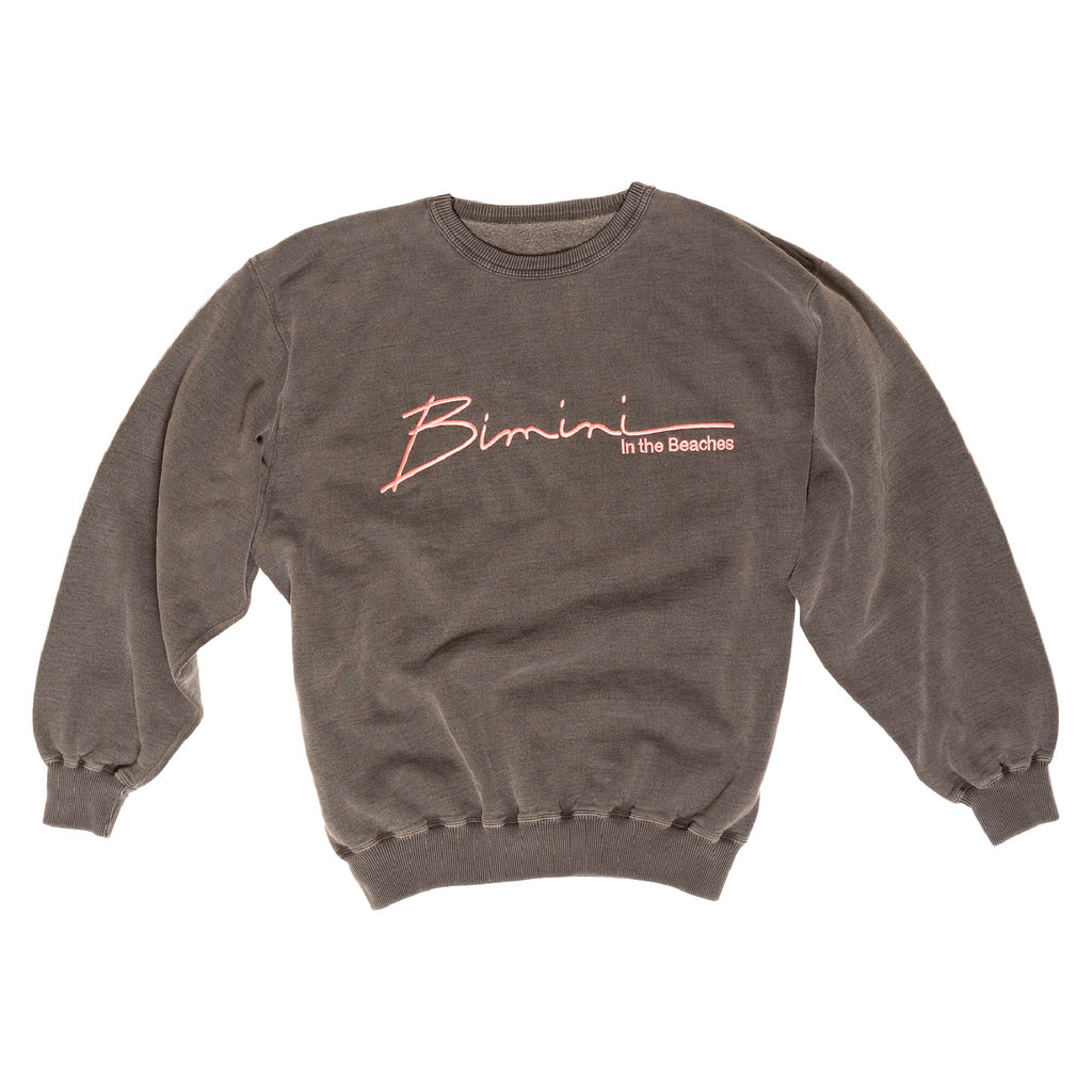 A black sweatshirt with pink embroidered "Bimini In the Beaches"
