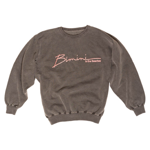 A black sweatshirt with pink embroidered "Bimini In the Beaches"